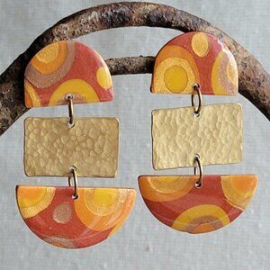 Retro Style Handmade Polymer Clay and Hammered Brass Drop Earrings
